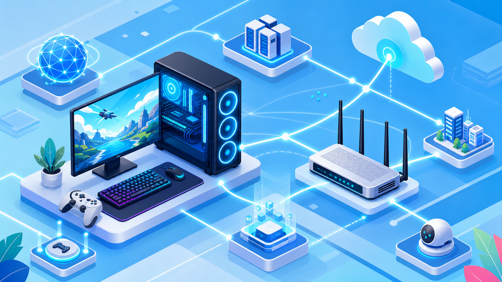 ローカルBTO・クラウドゲーミング・自前VPSの3方式を初期費用と月額で比較し、年間プレイ時間を横軸に損益分岐の交点を示した図